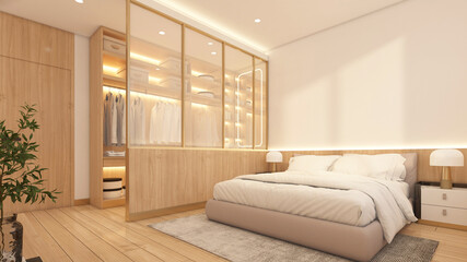 Bedroom decorated with bed and side table, white wall and wooden wall, wooden wardrobe and glass divider, built-in wooden seat and wooden floor. 3d rendering