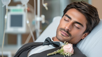 Young man in tuxedo with boutonniere lies peacefully in hospital bed, eyes closed, serene expression