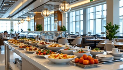 Fototapeta premium Abundant Buffet Spread in Elegant Restaurant Interior with Bright Natural Light and Fresh Ingredients