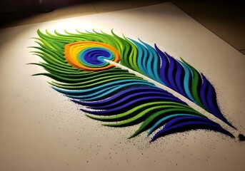 Obraz premium 3D effect Rangoli on a white background, peacock feather design, iridescent hues, detailed texture, volumetric lighting