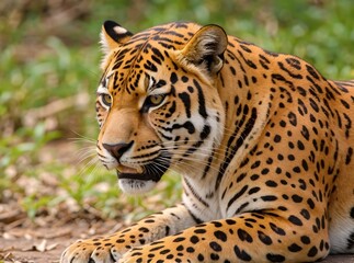 Naklejka premium Photo of closeup portrait of a majestic jaguar with striking spotted fur, intense gaze, and whiskers, showcasing its powerful and wild nature in its natural habitat