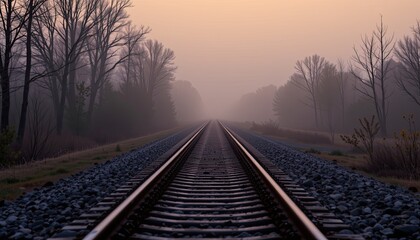 Obraz premium Serene View of Train Tracks Stretching into the Foggy Distance Surrounded by Trees and Soft Morning Light