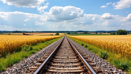 Serene Railway Track Through Golden Fields Under Bright Blue Sky and Fluffy White Clouds