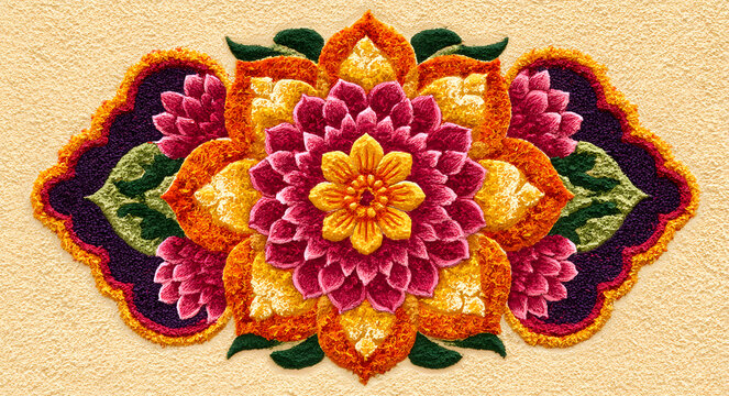 Beautiful floral rangoli design for diwali festival ecoration using colorful fowers and petals art patten
