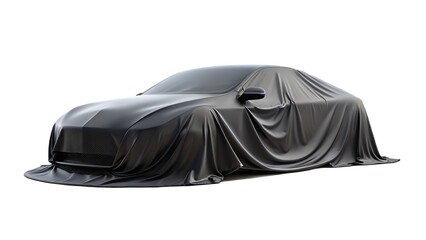 New car covered with a black fabric cloth isolated on white background