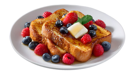 Golden French toast topped with fresh mixed berries (strawberries, blueberries, raspberries), butter, and syrup. A classic, isolated brunch favorite.
