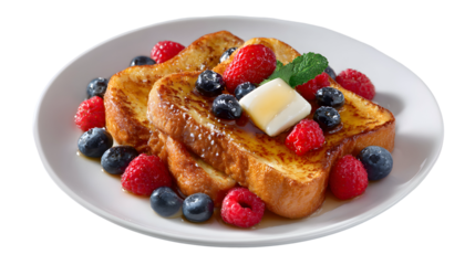 Golden French toast topped with fresh mixed berries (strawberries, blueberries, raspberries), butter, and syrup. A classic, isolated brunch favorite.