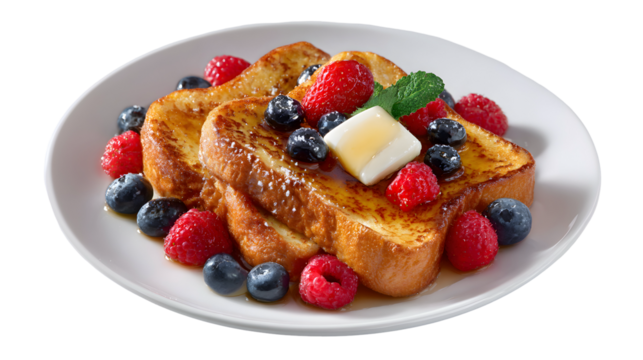 Golden French toast topped with fresh mixed berries (strawberries, blueberries, raspberries), butter, and syrup. A classic, isolated brunch favorite.