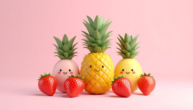 Three cartoon pineapples, two pale pink, one yellow, with happy faces, and three strawberries sit on a pink background
