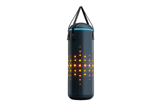 Modern, dark gray punching bag with glowing pattern