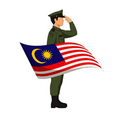 Malaysian soldier saluting, standing proudly with national flag