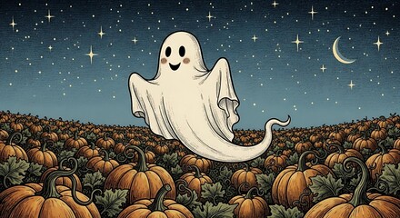 Cartoon Ghost Floating Above Pumpkin Patch Under Crescent Moon in Starry Halloween Night Scene