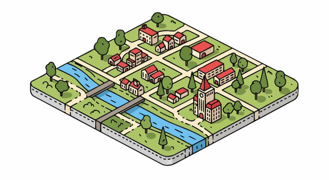 Isometric illustration of a European village with houses, a river, and a church.