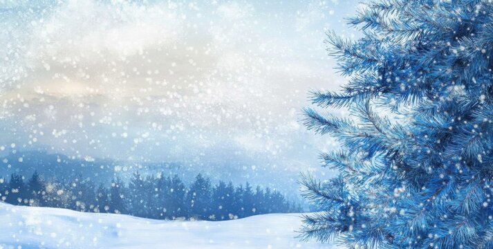 art Snowy winter Christmas Landscape; Blue Christmas tree;
