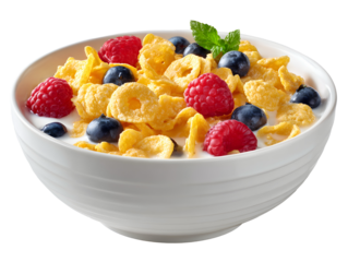 A colorful bowl of fruit-flavored ring cereal with milk, topped with fresh raspberries and blueberries. A fun, isolated shot for a perfect kids' breakfast.