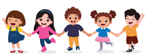 Kids cartoon holding each other, elementary or kindergarten boys and girls
