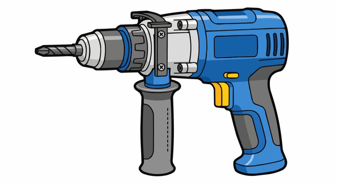 Close-up image of a blue and gray cordless power drill, ready for use.