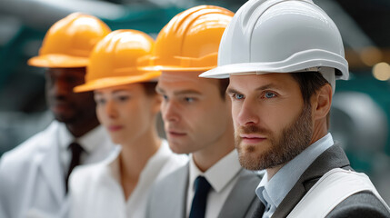 Group of engineers and architects in safety helmets focus on teamwork and planning at construction site
