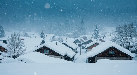 Fototapeta premium Snow-Covered Village in Winter Storm: Serene Landscape, Heavy Snowfall, Cozy Homes.