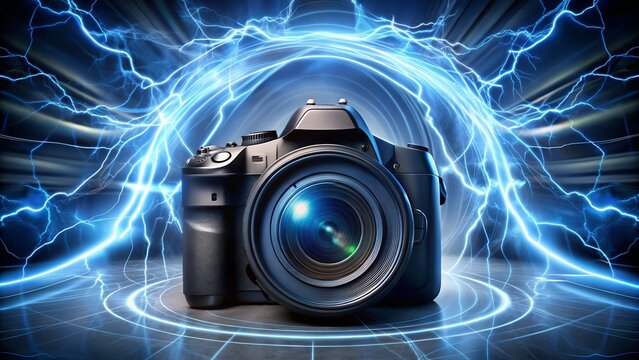 Professional dslr camera surrounded by electric blue lightning and energy