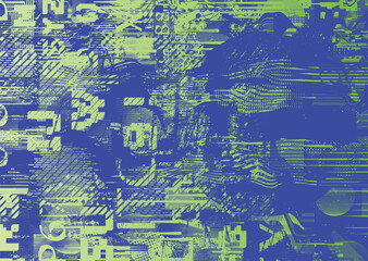 Glitch distorted geometric shape . Noise destroyed logo . Trendy cyber punk poster . Glitched frame .Grunge textured . Distressed effect .Vector shapes with a halftone dots screen print texture.