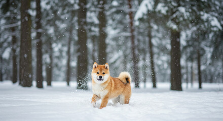 A Shiba Inu dog joyfully playing in a snowy forest. The dog has reddish-brown fur and appears delighted in a winter wonderland. The background features a serene woodland scene with snow-covered trees