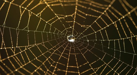 Obraz premium Stunning macro view of a glistening spider web with water droplets, golden light effect