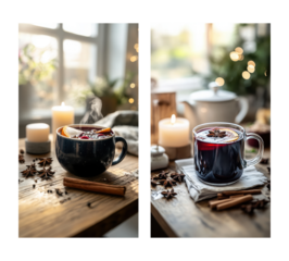 Cozy mugs of hot beverage with spices and candles on wooden table. Set  