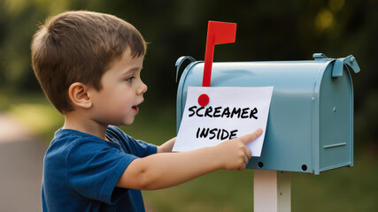 Boy placing Halloween letter into blue mailbox outdoors in daylight