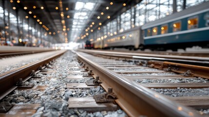 Fototapeta premium Close-Up of Train Wheels in Motion on Shiny Tracks at a Train Station