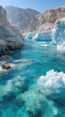 Icy Blue Water Channel Between White Cliffs
