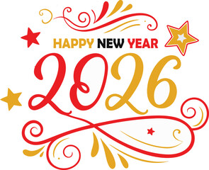 A festive happy new year 2026 design with red and gold swirls and stars for celebratory occasions