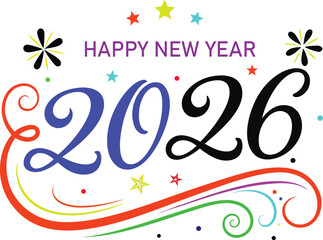 A festive new year greeting card featuring the year 2026 with colorful decorations and celebratory elements