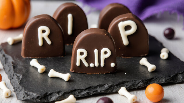 Chocolate Halloween treats shaped like tombstones with rip letters