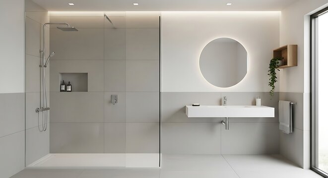 Serene bathroom interior featuring modern fixtures illuminated by natural daylight showcasing