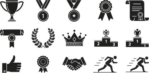 Isolated a Award, achievement icon set. Vector glyph pictograms of trophy, medal, ribbon, certificate, laurel wreath, crown, podium, success, recognition and competition concept vector art silhouette.