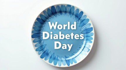 World diabetes day plate isolated on white background, featuring a blue floral design and text, promoting awareness and support for diabetes prevention and management
