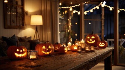 Obraz premium Jack-o'-lanterns illuminating a rustic Halloween table setting