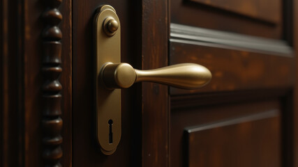 Obraz premium Closeup of wooden door handle with shallow depth symbolizing privacy and security