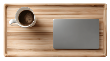 Minimalist wooden desk with laptop and coffee cup