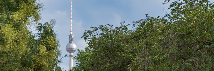 Naklejka premium Panoramic Scene: Berlin TV Tower Behind Summer Trees