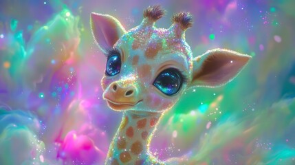 Adorable baby giraffe, sparkling pastel colors, whimsical digital art.