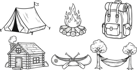 Isolated a Camping adventure doodle icon set. Cute hand drawn sketch of tent, fire, backpack, cabin, canoe, hammock. Black and white cartoon art for outdoor forest travel. vector art silhouette .