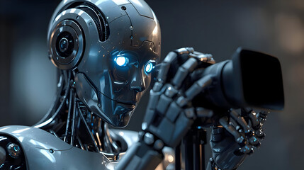 Advanced AI robot intently films with high tech camera, demonstrating focused expression, representing future technology and digital content