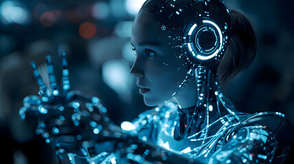 Futuristic AI robot, sophisticated android, glows with blue circuits, displaying advanced technology and intelligence, an assistant director
