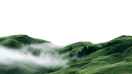 Morning fog rolling over green hills