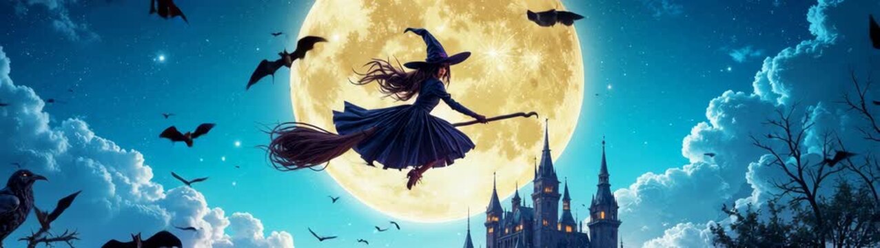 Halloween witch flying on her broomstick in front of a full moon with bats and a castle in background.