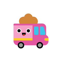 Naklejka premium Cute ice cream truck with smiling design and sweet dessert Vector illustration