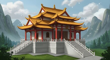 Obraz premium Traditional Chinese temple with golden roof in mountain landscape illustration