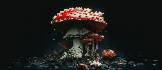 A vibrant red toadstool with white spots stands majestically on dark soil.